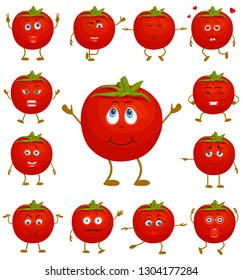 Tomato with various facial expressions and gestures. Set of vector sticker. Cute cartoon character.