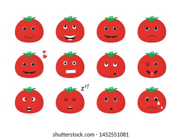 Tomato with various facial expressions and gestures. Set of vector sticker. Cute cartoon character. Vector Illustration drawing. Icon. Emotion. Emoji