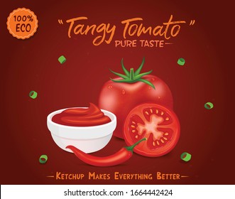 tomato vector illustration with a bowl of tomato sauce on a red background