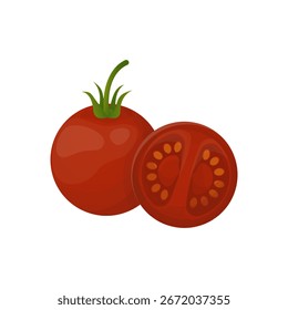 Ilustração vetorial de tomate em estilo detalhado plano. Vegetal isolado, ingrediente alimentar para cardápio italiano, designs de anúncios 
