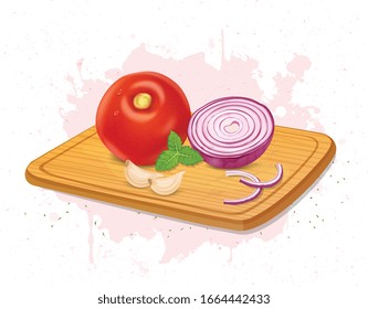 tomato vector illustration with garlic cloves and onion pieces