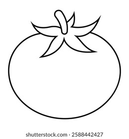 Tomato vector illustration. Hand-drawn doodle style tomato with stem. Black outline isolated on white background.