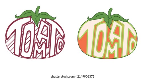 Ilustración vectorial de tomate con letras. Dos tomates con texto dentro de su silueta. Concepto para el mercado de los agricultores, alimentos orgánicos, diseño de productos naturales, jugo, salsa, ketchup. Iconos de tomate, logotipo
