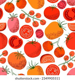 Tomato vector illustration seamless pattern. Hand drawn vegetables background