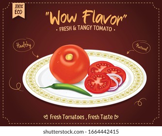ilustración vectorial de tomate con rodajas de tomate en fondo rojo