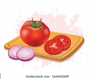 tomato vector illustration with tomato slices and onion pieces on wooden chopping board