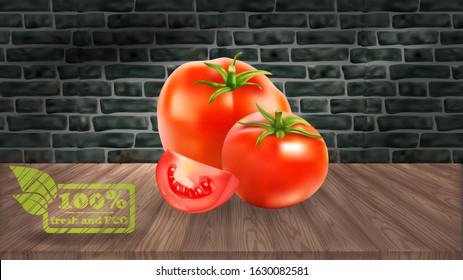 Tomato vegetable ads, whole vegetable and sliced tomato, isolated on brick black wall background in 3d illustration