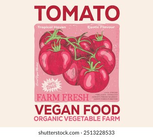 Obra de arte vegetal del tomate para la impresión de la camiseta, el cartel, la etiqueta engomada y otros usos. Comida vegana fresca. Diseño de camiseta vintage de tomate rojo. Granja de verduras orgánicas.