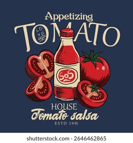 Tomato vegetable artwork for t shirt print, Red tomato vintage t-shirt design, Blooming tomatoes art