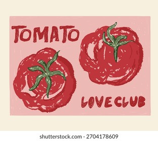 Obra de arte vegetal del tomate para la impresión de la camiseta, el cartel, la etiqueta engomada y otros usos. Club del amor vegetal. Comida vegana. Granja de verduras orgánicas.