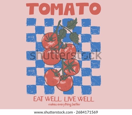 Tomato vegetable artwork for t shirt print, poster, sticker and other uses. Fresh vegan food. Blooming tomatoes art.