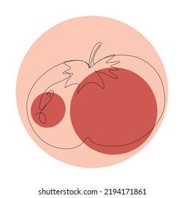 Hortalizas de tomate en línea continua con elementos geométricos coloridos. Esbozo lineal minimalista de tomate negro con manchas de color aisladas sobre fondo blanco. Vector de una línea