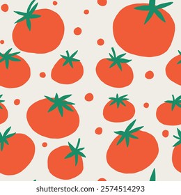 Tomato Vegetable Dotted Seamless Pattern. Cherry Tomatoes Vegetable Wallpaper. Pomodoro Background. Vector Hand Drawn Surface Design