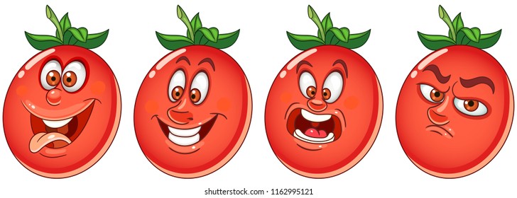 Tomato. Vegetable Food concept. Emoji Emoticon collection. Cartoon characters for kids coloring book, colouring pages, t-shirt print, icon, logo, label, patch, sticker.