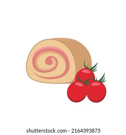 Tomato vegetable or fruit flavored cake roll with cream, high calorie tasty sweet dessert, vector illustration style, isolated on white background