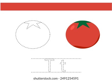tomato vegetable object trace handwriting practice child book lesson exercise design vector