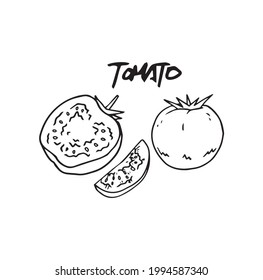 Tomato vegetables hand drawn graphic. Simple food with letters outline silhouette illustration. Healthy nutrition food with text, hand made sign. Fresh delicious symbol.