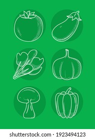 Tomate und Gemüse Symbol auf grünem Hintergrund, Skizze, Vektorgrafik