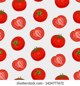 Tomato vegetables seamless pattern on white background,  Fresh whole tomatoes and half cut, vector illustration