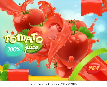 Tomato vegetables. Splash of juice. 3d realistic vector, package design Tomato vegetables. Splash of juice. 3d realistic vector, package design