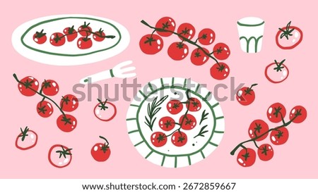 Tomato vine hand drawn vector illustration set. Red cherries on the plate. Italian food dinner menu.