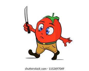 A tomato warrior armed with a kitchen knife in a cartoon style.