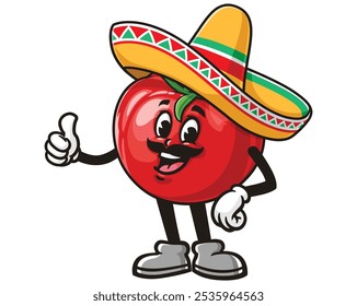 Tomate vestindo um sombrero, Desenho Animado Mascote Ilustração Personagem Vetor Clip-Art Desenhado à Mão Logo Design