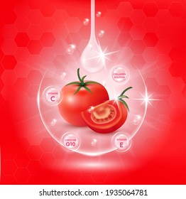 Tomato white body serum, Extract Collagen and Vitamin. Tomato skin care cream. Vector EPS10.