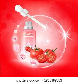 Tomato white body serum, Extract Collagen and Vitamin. Tomato skin care cream. Vector EPS10.