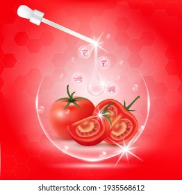 Tomato white body serum, Extract Collagen and Vitamin. Tomato skin care cream. Vector EPS10.