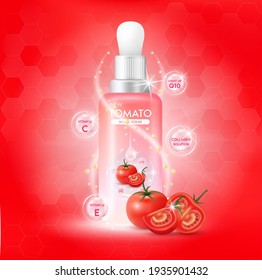 Sérico del cuerpo blanco del tomate, extracción de colágeno y vitamina. Crema para el cuidado de la piel de tomate. EPS10 vectores.