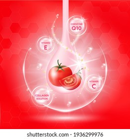 Tomato white body serum, Extract Collagen and Vitamin. Tomato skin care cream. Vector EPS10.