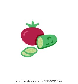 Tomato whole and cucumber slice flat icon, vector sign, colorful pictogram isolated on white. Fresh vegetables symbol, logo illustration. Flat style design