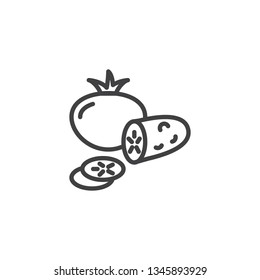 Tomato whole and cucumber slice line icon. linear style sign for mobile concept and web design. Fresh vegetables outline vector icon. Healthy diet food symbol, logo illustration. Pixel perfect vector