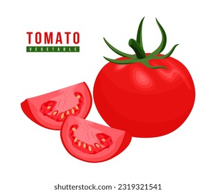 Tomato whole and cut slices isolated on white background. Fresh red vegetable tomatoes. Healthy organic vegan food in flat and cartoon vector illustration