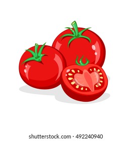 Tomato. Whole and half cut tomatoes. Vector cartoon illustration. Vegetables pile Isolated on White background
