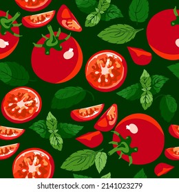 Tomato, Whole, Slices, Basil Leaves On A White Background, Seamless Pattern,