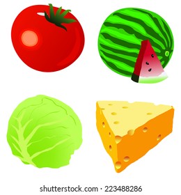 tomato,cabbage stalk,Piece of cheese,watermelon One red ripe tomato on white background