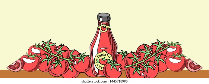 Tomatoe ketchup made of organic vegetable background banner vector illustration. Healthy food. Bottle of fresh sauce. Natural products. Elements for menu, bar advertisement.