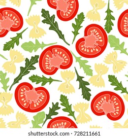 Tomatoes, arugula and pasta farfalle. Seamless pattern. Italian salad, vector illustration.