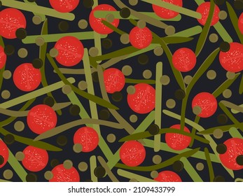 Tomatoes with asparagus and olives seamless pattern. Salad with green beans. Design for printing, wrapping paper and banners for cafes and canteens. Vector illustration