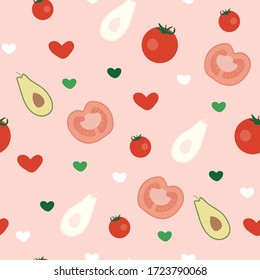 Tomatoes and avocados seamless pattern in vector. Fresh food print for kitchen textile, fabric, wrapping, wallpaper. Natural products.