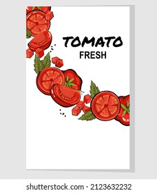 Tomatoes background for food badges and tomato sauces labels. Food sticker print template, hand drawn engraving vector illustration on white background.