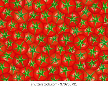 Tomatoes background. Fresh red tomatoes with water drops. Cherry tomato.Vector image can be used for restaurant and cafe menu design, food posters, printed products and other.