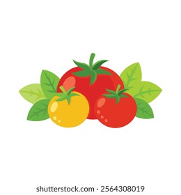 
Tomatoes with basil leaves isolated flat vector illustration on white background