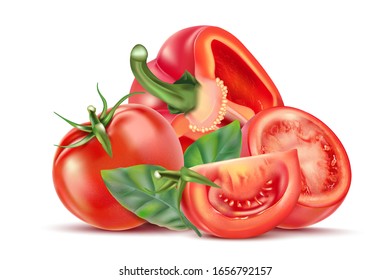 Tomates y pimienta en el medio aislados sobre fondo blanco. Vector realista en ilustración 3D.