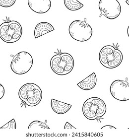 Patrón de tomates sin soldadura en blanco y negro. Fondo de contorno vegetal sano para colorear. Impresión de ingredientes de alimentos orgánicos. Ilustración del vector