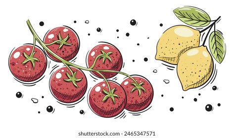 Rama de tomates y limones con especias aislados sobre fondo blanco. Icono de verduras en estilo de dibujos animados. Ilustración vectorial