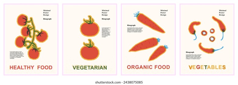 Tomatoes, carrots, chili pepper. Set of vector illustrations in risograph print style. Bright posters for vegan and healthy food concept.