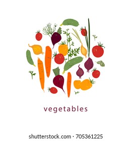 Tomatoes, carrots, cucumbers, beets, onions, dill, parsley. A set of fresh vegetables. Vector illustration.